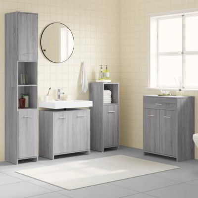 Set mobilier de baie, 4 piese, gri sonoma, lemn prelucrat foto