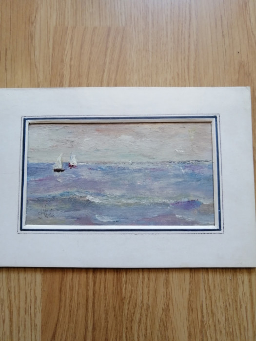 Scena marina - pictura in ulei pe carton - dimensiuni: 22 cm x 15 cm