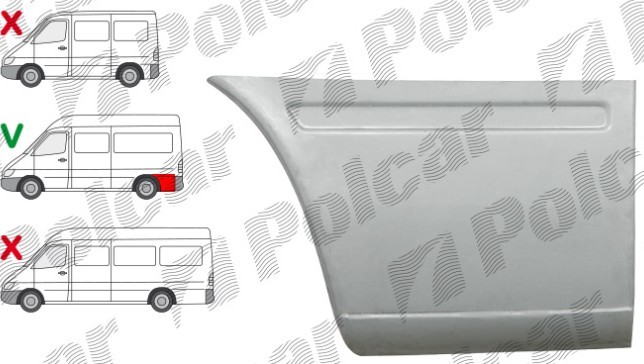 Segment reparatie aripa spate MERCEDES SPRINTER, 01.1995-2006, VW LT II 05.1996-12.2005, partea dreapta, lateral panel: L=1950 mm; in spatele rotii;