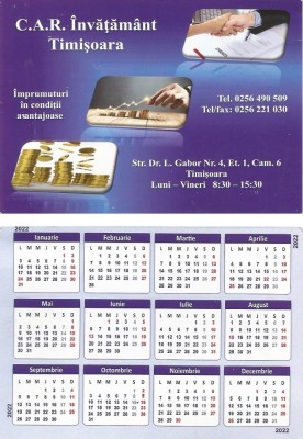 Romania, C.A.R. Invatamant, Timisoara, calendar de buzunar, 2022 foto