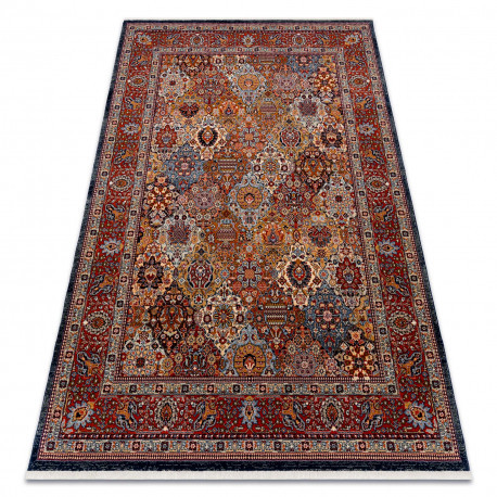 Covor L&acirc;nă KESHAN franjuri, Ornament, cadru oriental 7576/53511 vin roșu / albastru inchis, 80x145 cm