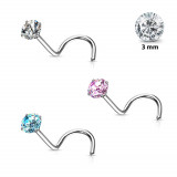 Piercing curbat din oțel 316L - mic zircon rotund colorat &icirc;ntr-o montură, de 3 mm - Culoare zirconiu piercing: Albastru deschis - Q