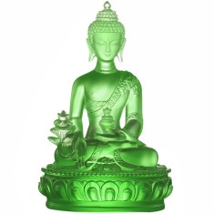 Set Buddha Medicinei verde, staueta cristal glazurat Liuli k9 cu covoras antiderapant, pentru sănătatea familiei, 13 cm