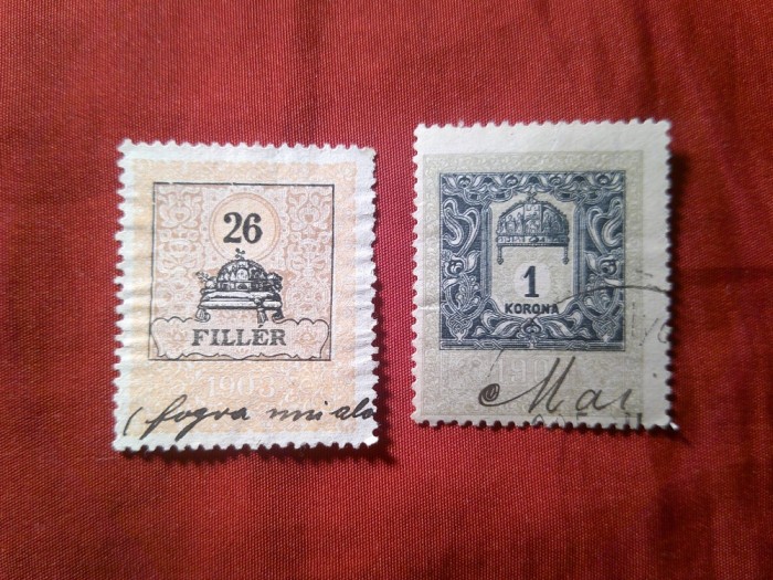 2 Timbre Fiscale Ungaria 1903 26 filler si 1 kor , stampilate