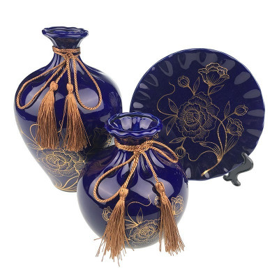 Set 2 vaze decorative si farfurie din ceramica, Albastru, 725H foto