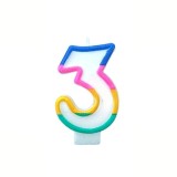 Cumpara ieftin Lumanare aniversara cifra 3 alba 4,8 cm, accente multicolore, parafina, fitil bumbac si suport plastic pentru decorarea tortului