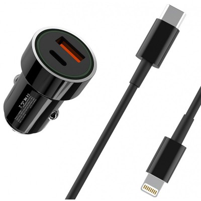 Incarcator Auto cu cablu Lightning XO Design TZ11, 1 X USB - 1 X USB Tip-C, 20W, Quick Charge, Negru foto