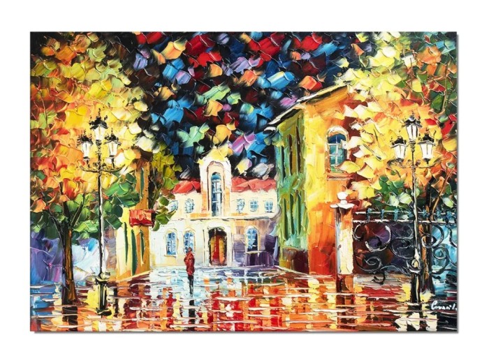Tablou pictat manual, Plimbare prin centrul vechi, 70x50cm ulei pe panza in cutit efect 3D, Spectaculos