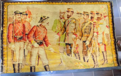 Tapiserie Romaneasca sfarsitul sec XIX , reprezentand pe Regele CAROL I si Marele Duce Nicolae primind drapelele capturate In luptele de la Plevna foto