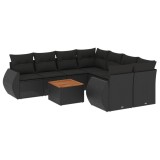 Set mobilier de gradina cu perne, 9 piese, negru, poliratan