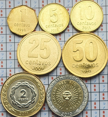 set 7 monede Argentina 1, 5, 10, 25, 50 centavos 1, 2 Pesos 1992 - 2011 UNC-A025 foto