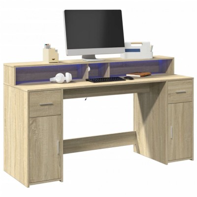 vidaXL Birou cu lumini LED stejar sonoma, 160x55x91 cm, lemn prelucrat foto