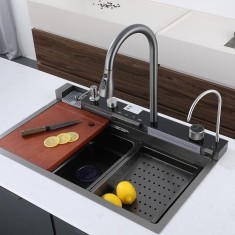 Chiuveta multifunctionala pentru bucatarie, din metal, afisaj LCD pentru temperatura apei, doua functii cascada, dimensiune 75x46 cm, baterie floxibil