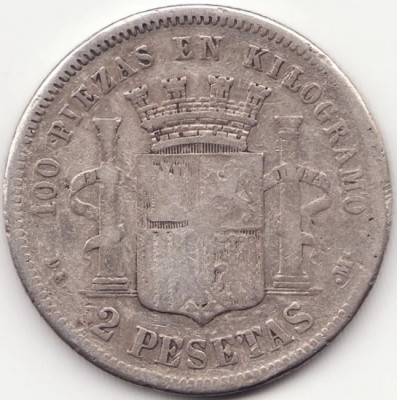 Moneda Spania - 2 Pesetas 1870 (1874) - Guvern provizoriu - DE-M - Argint foto