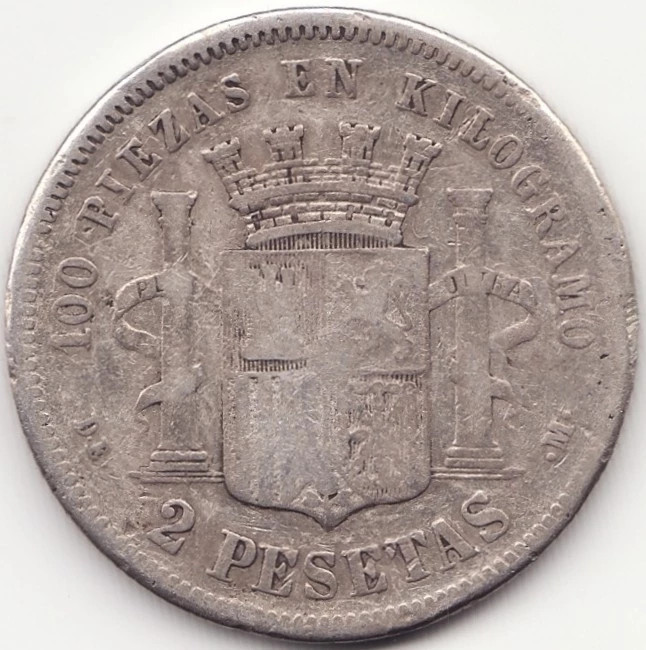 Moneda Spania - 2 Pesetas 1870 (1874) - Guvern provizoriu - DE-M - Argint