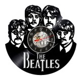Ceas de perete decorativ realizat din disc de vinil, Model The Beatles, Portrete John Lennon, Paul McCartney, George Harrison, Ringo Starr, Negru, 30