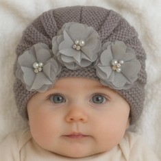 Caciulita tip turban cu floricele - Gri (Marime Disponibila: 0-6 luni)