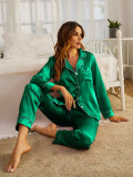 Pijama Luxury Anemona din Satin Verde Inchis cu vipusca alba