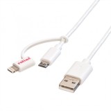 Cablu USB la micro USB-B + adaptor Lightning iPhone 5/6/7 MFI Alb 1m, Roline 11.02.8325