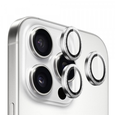 Folie de protectie Camera Spate Blueo Glitter Diamond Metal Frame pentru Apple iPhone 16 Pro Max / 16 Pro, Sticla Securizata, Argintie foto