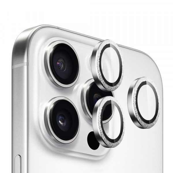 Folie de protectie Camera Spate Blueo Glitter Diamond Metal Frame pentru Apple iPhone 16 Pro Max / 16 Pro, Sticla Securizata, Argintie
