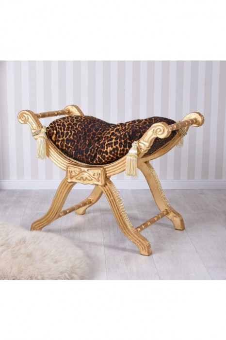 Scaunel turcesc din lemn masiv auriu cu tapiterie leopard CAT350A16