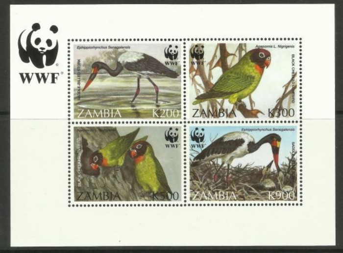 ZAMBIA 1996 WWF FAUNA PROTEJATA PASARI COTA MICHEL 200 EURO