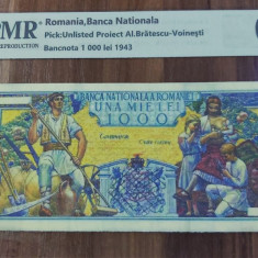 REPRODUCERE pe hartie cu filigran si fire UV proiect bancnota 1 000 lei 1943