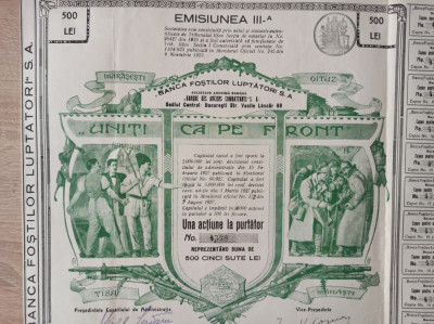 ACTIUNE 500 LEI* BANCA FOSTILOR LUPTATORI, UNITI CA PE FRONT, CROMOLITO, 1934 foto