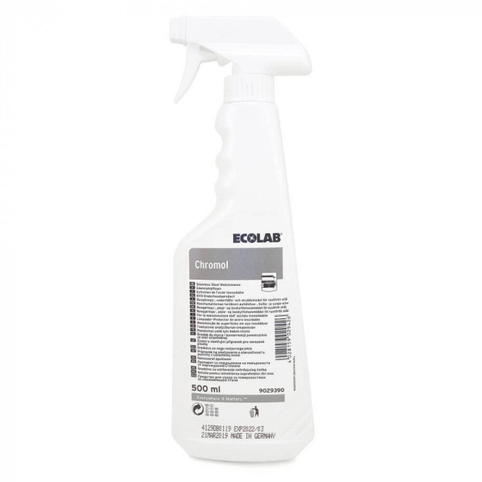 Pulverizator Lichid ECOLAB Chromol, 500 ml, pentru Intretinerea Suprafetelor din Inox, Solutie Inox, Solutie Curatat Lichida cu Pulverizator, Spray pe