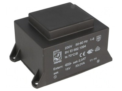 Transformator &amp;icirc;ncapsulat 33VA 230V 15V 2.2A PCB foto