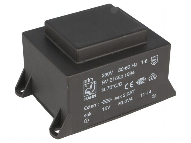 Transformator &icirc;ncapsulat 33VA 230V 15V 2.2A PCB