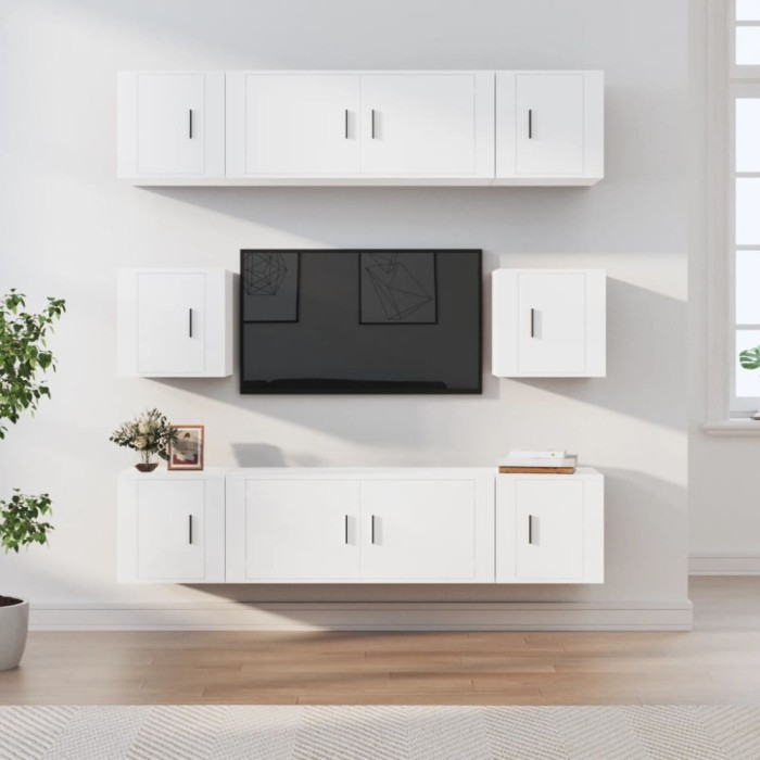 Set dulap TV, 8 piese, alb, lemn prelucrat