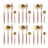 Set 24 de tacamuri, din otel inoxidabil, potrivit pentru 6 persoane, design modern, rosu/auriu