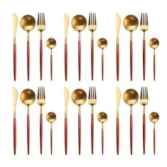 Set 24 de tacamuri, din otel inoxidabil, potrivit pentru 6 persoane, design modern, rosu/auriu