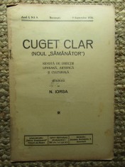Revista - Cuget Clar - Noul Semanator - condusa de N. Iorga - ANUL I NR. 9 SEPTEMBRIE 1936