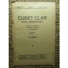 Revista - Cuget Clar - Noul Semanator - condusa de N. Iorga - ANUL I NR. 9 SEPTEMBRIE 1936
