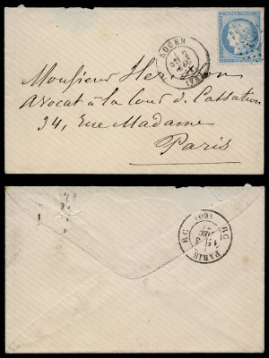 France 1871 Postal History Rare Cover Rouen to Paris D.255 foto