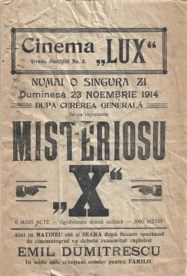 A3713N Program Cinema Lux din Craiova, 1914, proiecția filmului mut Misteriosu X foto