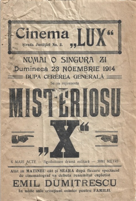 A3713N Program Cinema Lux din Craiova, 1914, proiecția filmului mut Misteriosu X
