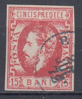 ROMANIA 1872 LP 32 REGELE CAROL I CU BARBA 15 BANI ROSU T3 POINCON STAMPILAT