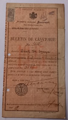 Buletin de casatorie Bucuresti , Septembrie 1925 foto