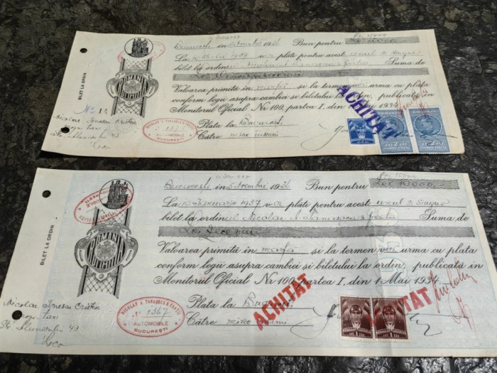Lot cambie, Bilet la Ordin, 1936, Timbru Sec, semnat Nicolae Ionescu Cristea,rar