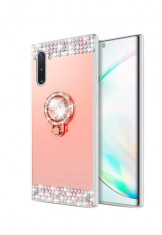 Husa silicon oglinda , pietricele si inel Samsung Galaxy Note 10 Roz foto