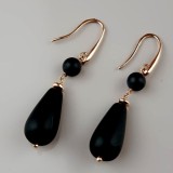 Cumpara ieftin Cercei Argint 925 placat aur roz cu agat negru satinat - Bijuterii dama, eleganti, lungi 4.5cm, fara inchidere, stil italian