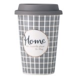 Cana ceramica de voiaj Pufo Home pentru cafea cu capac din silicon, 415 ml, gri inchis