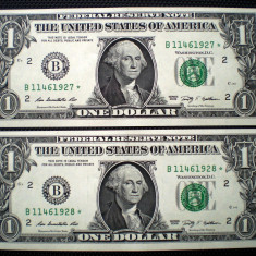 100. USA SUA 2X1 DOLLAR 2009 SERII CONSECUTIVE SR. 927-928 AUNC STEA STAR NOTE