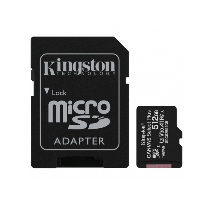 Kingston - Memory Card Canvas Select Plus (SDCS2/512GB) - MicroSDXC with Adapter, 512GB, Class 10 / UHS-1 U3 - Black