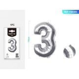 Balon aniversar PartyGo cifra 3, 40cm, argintiu
