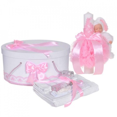 Set trusou botez, cutie trusou si lumanare iepuras pufos, dantela si fundite, foto